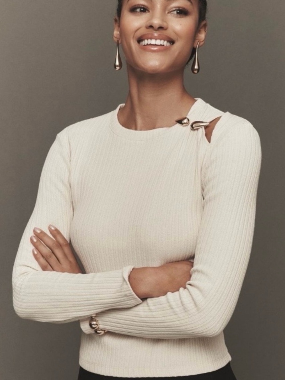 Anthropologie Ribbed Crewneck Long-Sleeve Top with Shoulder Button Detail -Cream